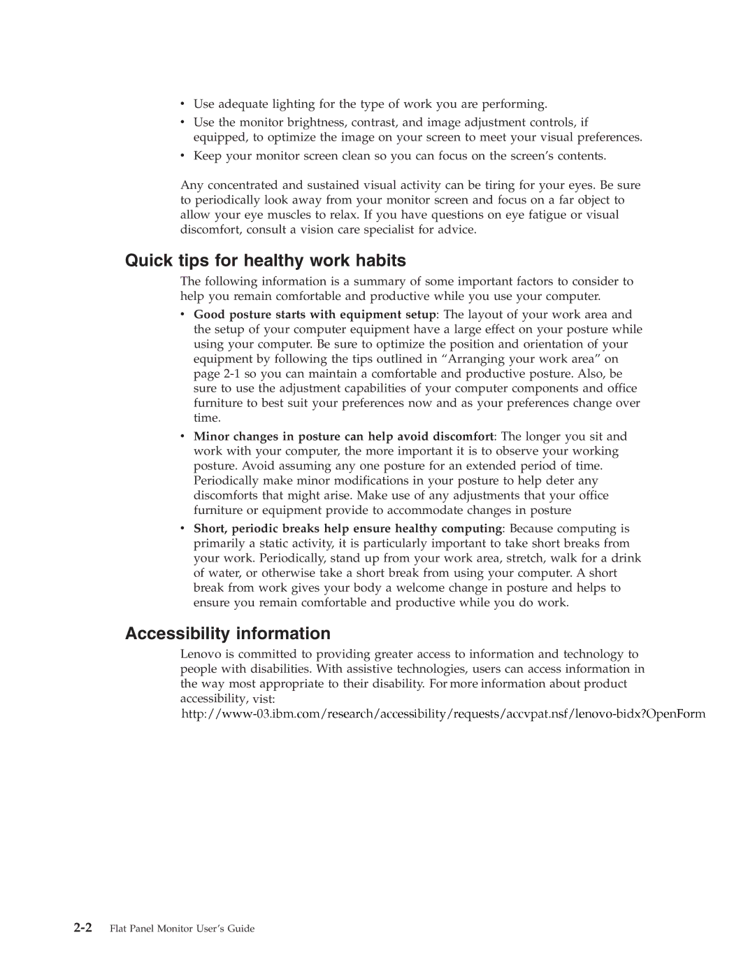 Lenovo L193 manual Quick tips for healthy work habits, Accessibility information 