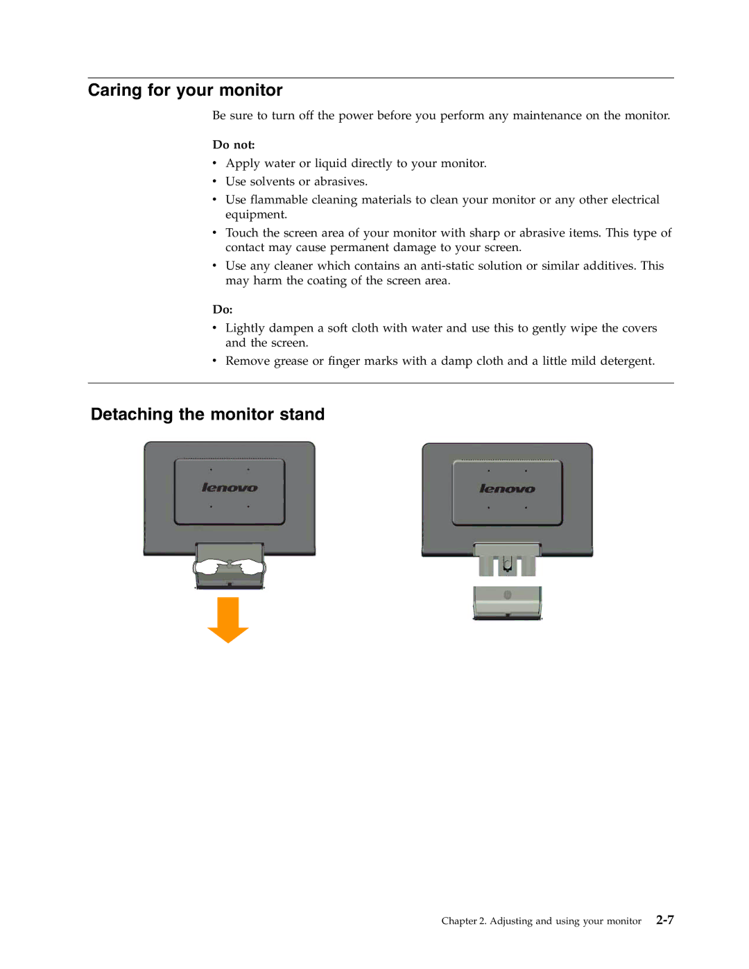 Lenovo L193 manual Caring for your monitor, Detaching the monitor stand 