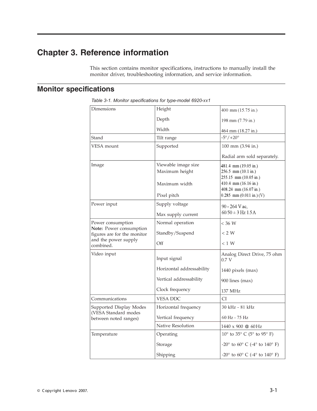 Lenovo L193 manual Reference information, Monitor specifications 