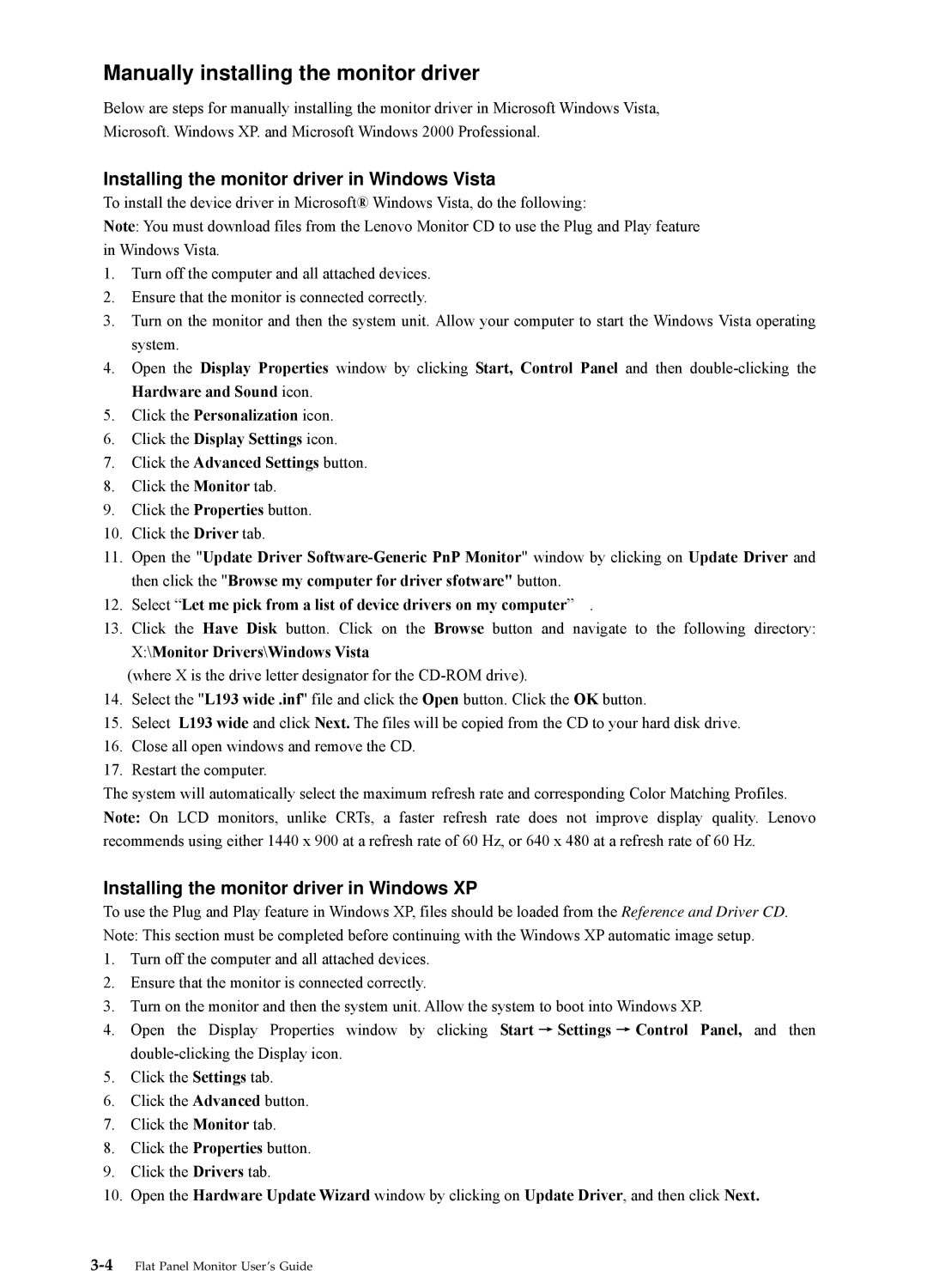 Lenovo L193 manual Manually installing the monitor driver 