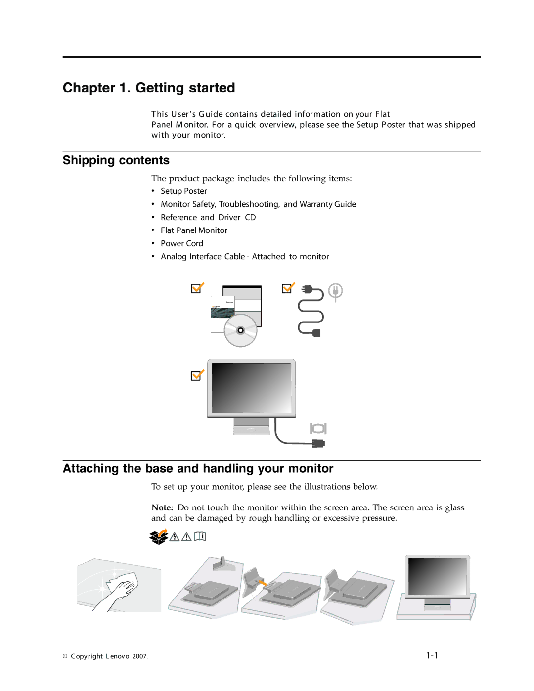 Lenovo L193 manual Getting started, Shipping contents, Attaching the base and handling your monitor 