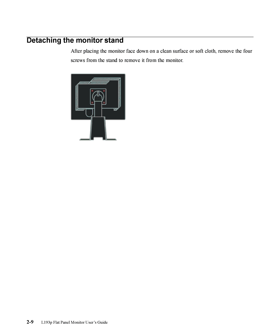 Lenovo L193p manual Detaching the monitor stand 
