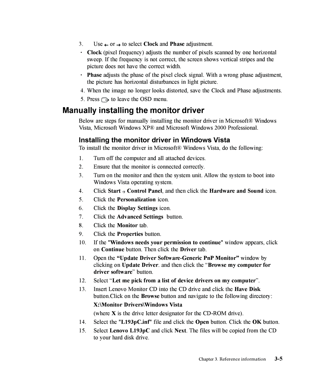 Lenovo L193p manual Manually installing the monitor driver, Installing the monitor driver in Windows Vista 