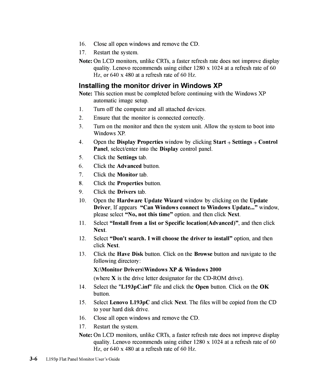 Lenovo L193p manual Installing the monitor driver in Windows XP, Monitor Drivers\Windows XP & Windows 