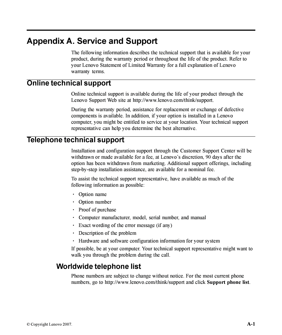 Lenovo L193p manual Appendix A. Service and Support, Online technical support, Telephone technical support 