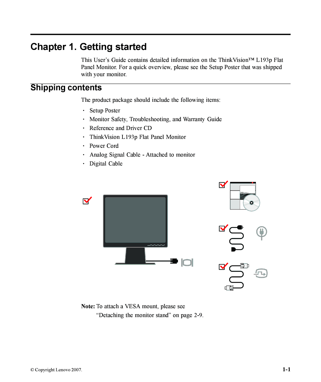 Lenovo L193p manual Getting started, Shipping contents 