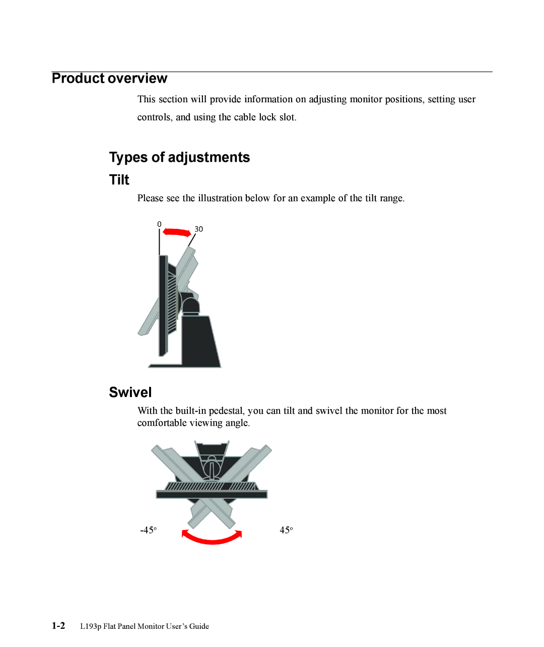 Lenovo L193p manual Product overview, Types of adjustments Tilt, Swivel 