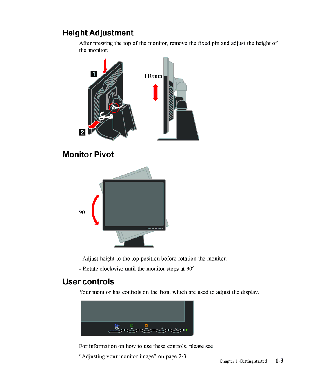 Lenovo L193p manual Height Adjustment, Monitor Pivot, User controls 