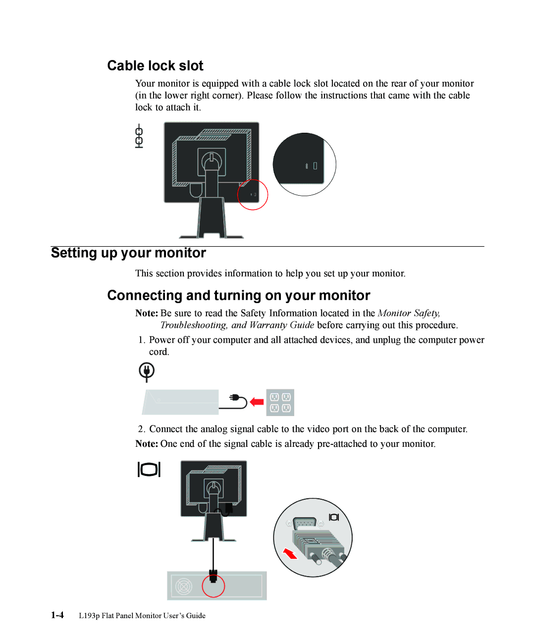 Lenovo L193p manual Cable lock slot, Setting up your monitor, Connecting and turning on your monitor 