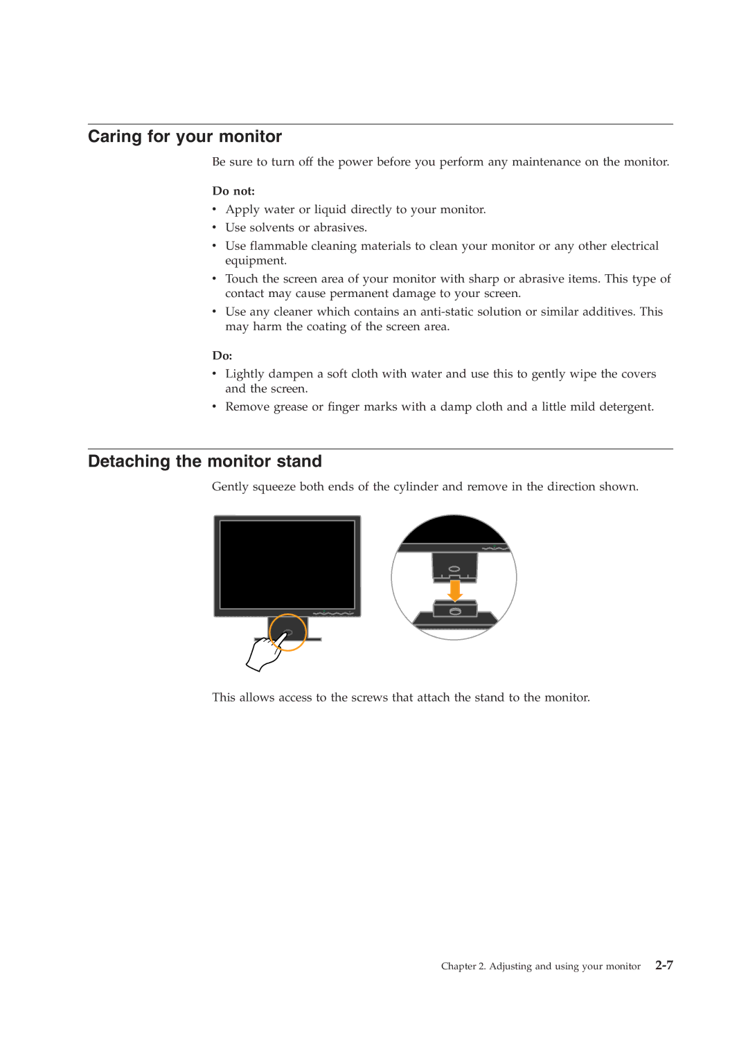 Lenovo L194 manual Caring for your monitor, Detaching the monitor stand 