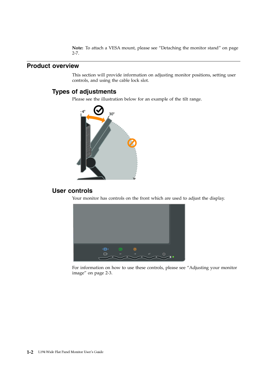 Lenovo L194 manual Product overview, Types of adjustments, User controls 