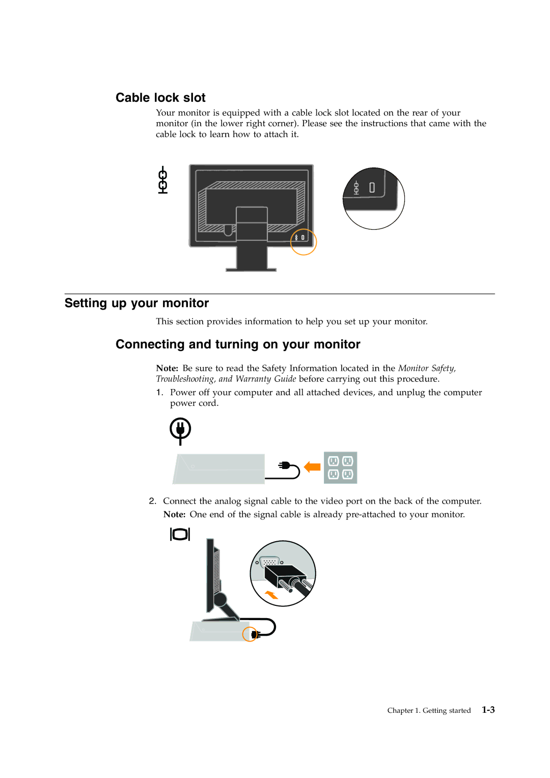 Lenovo L194 manual Cable lock slot, Setting up your monitor, Connecting and turning on your monitor 