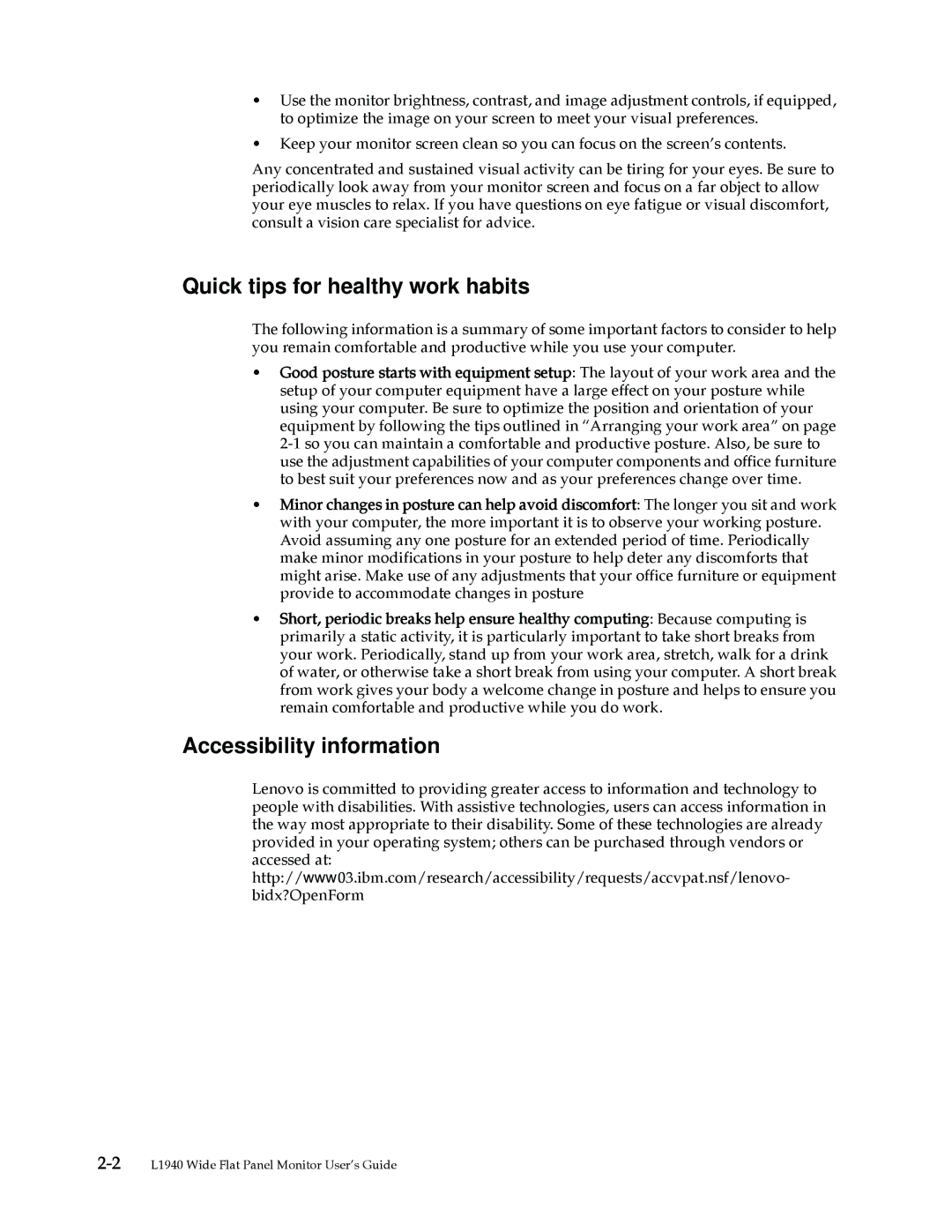 Lenovo L1940 manual Quick tips for healthy work habits, Accessibility information 