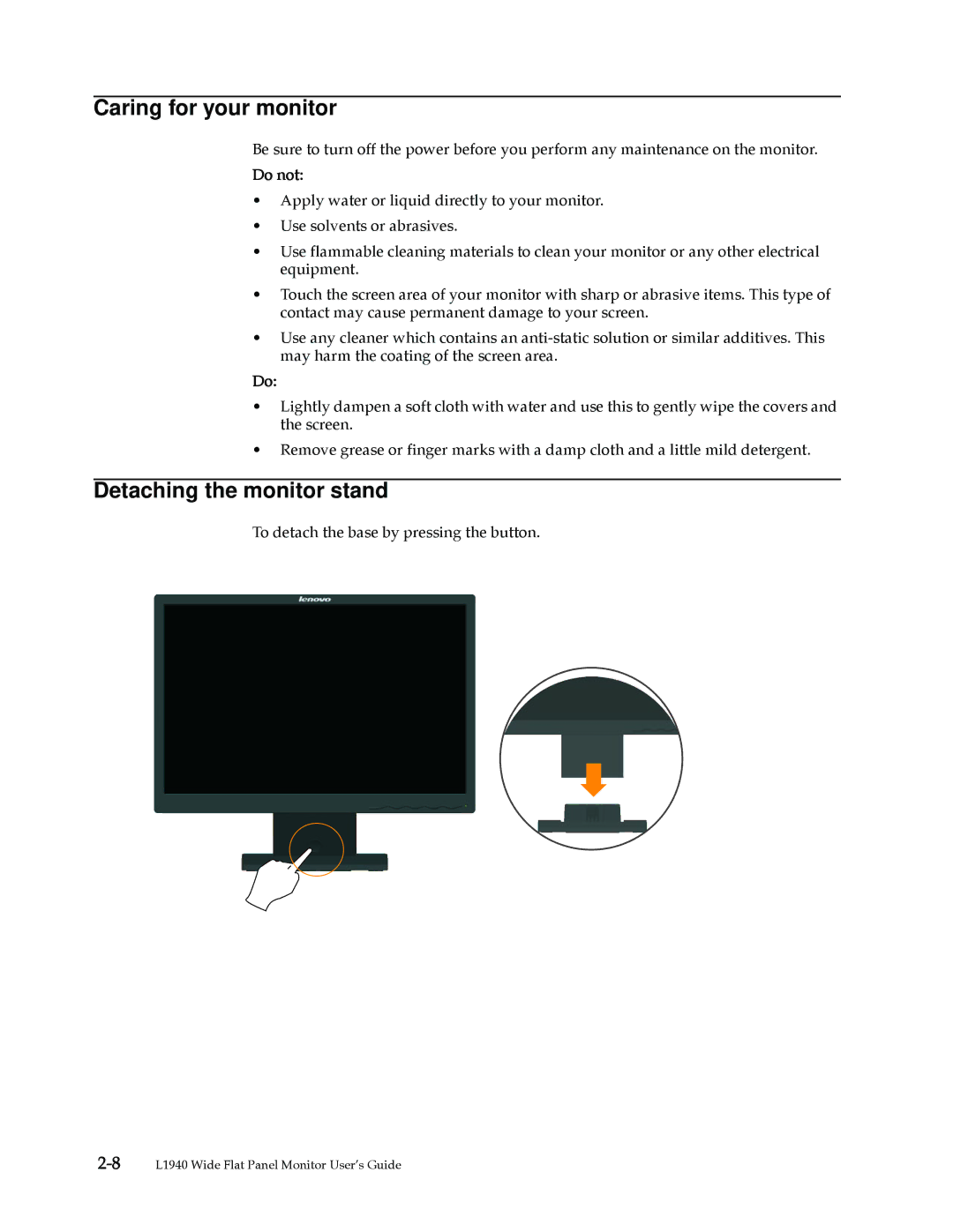 Lenovo L1940 manual Caring for your monitor, Detaching the monitor stand 