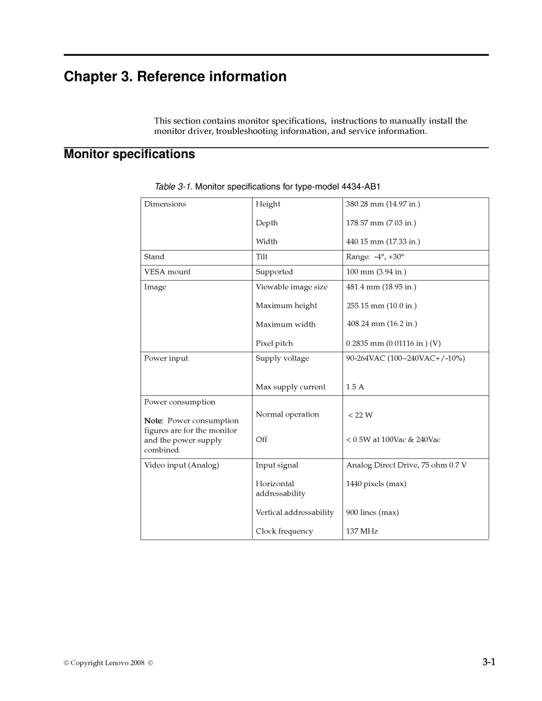 Lenovo L1940 manual Reference information, Monitor specifications for type-model 4434-AB1 