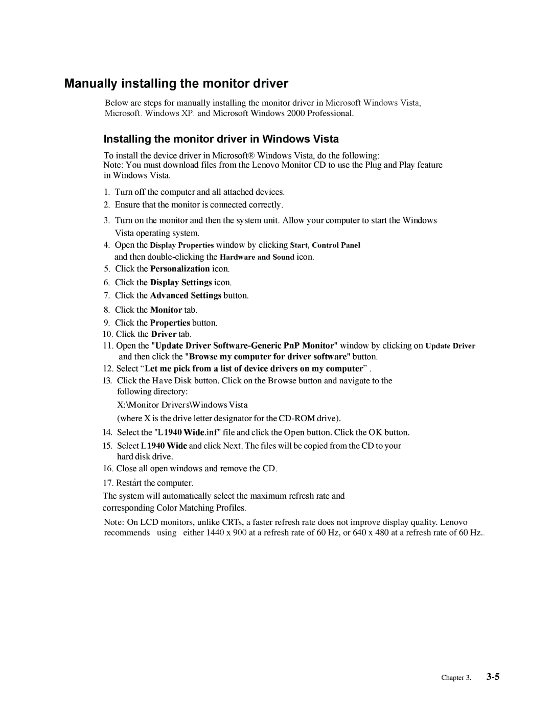 Lenovo L1940 manual Manually installing the monitor driver 