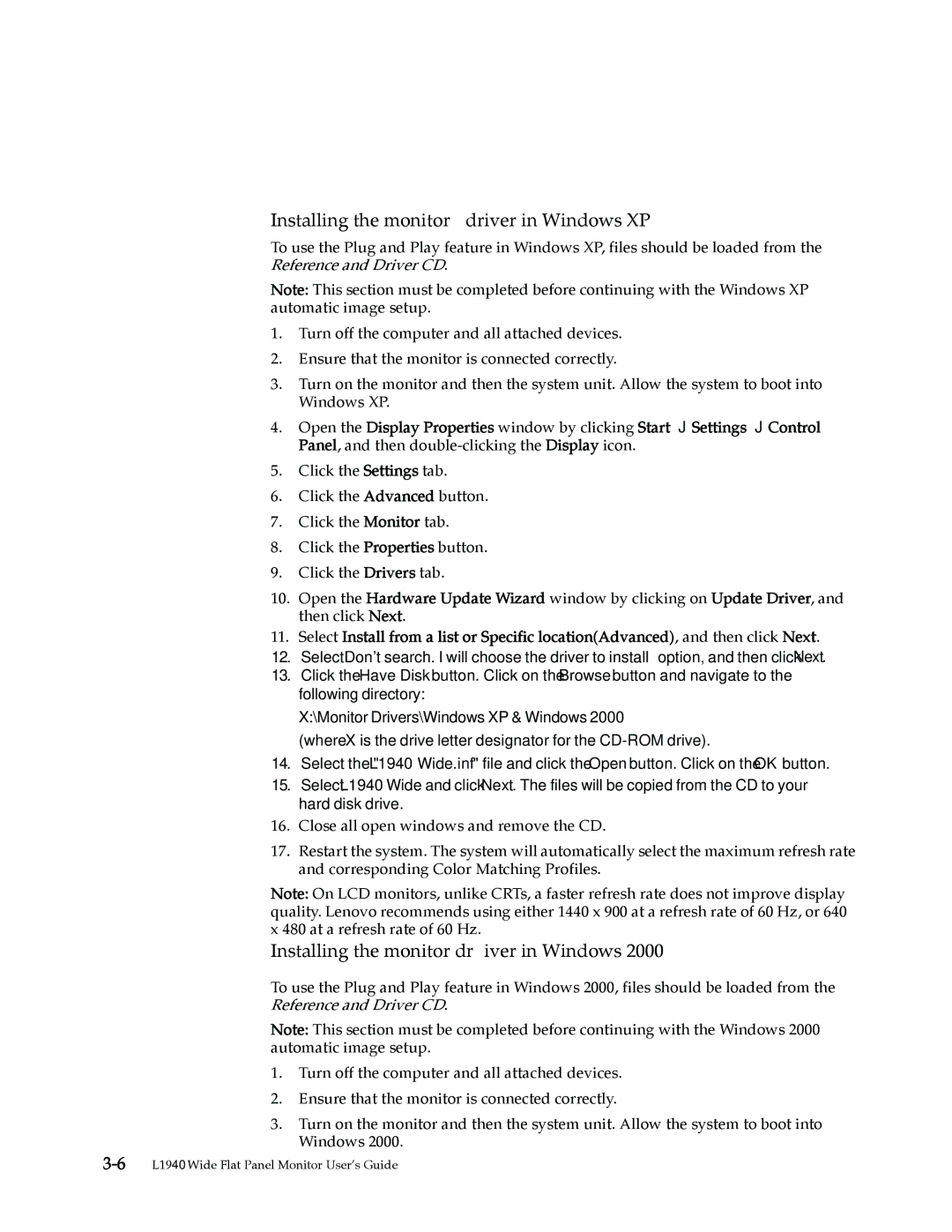 Lenovo L1940 manual Installing the monitor driver in Windows XP 