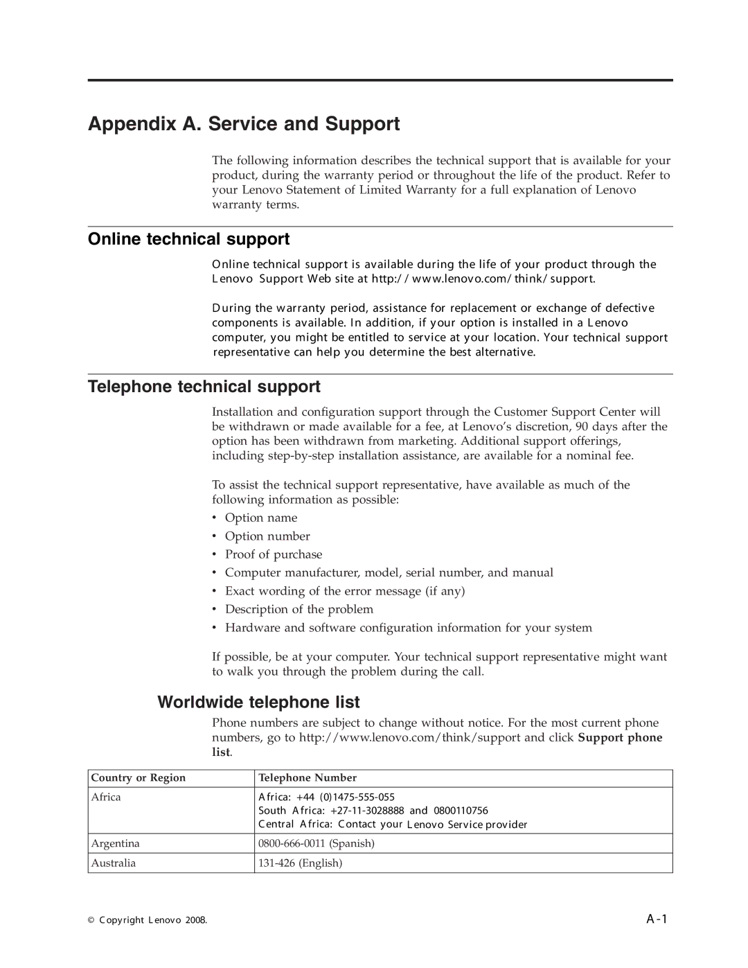 Lenovo L1940 manual Appendix A. Service and Support, Country or Region Telephone Number 