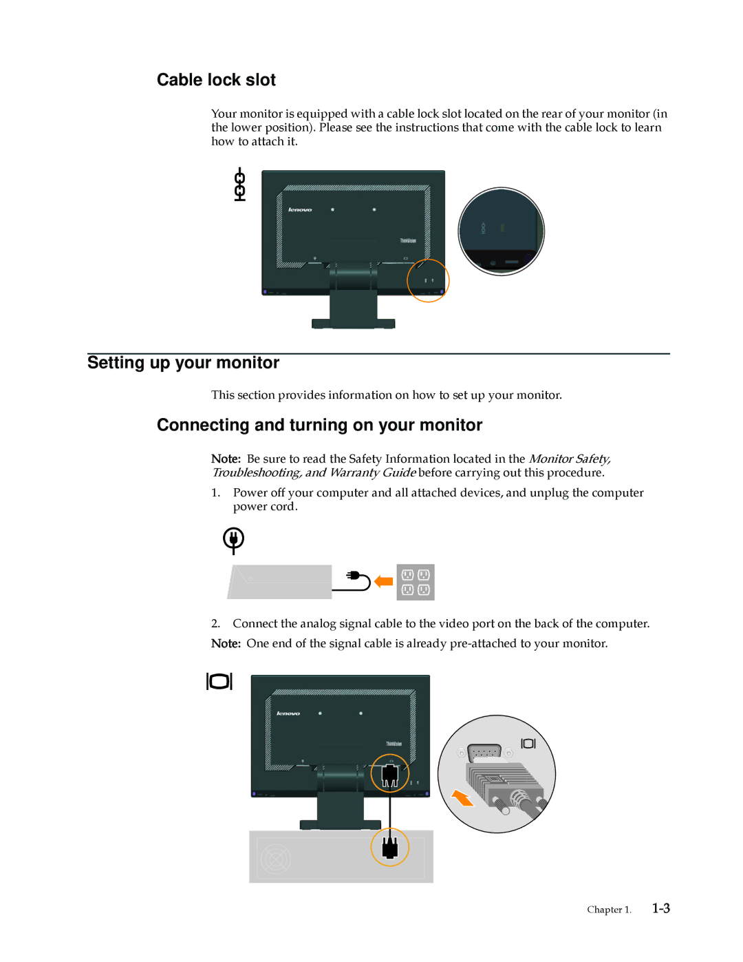 Lenovo L1940 manual Cable lock slot, Setting up your monitor, Connecting and turning on your monitor 