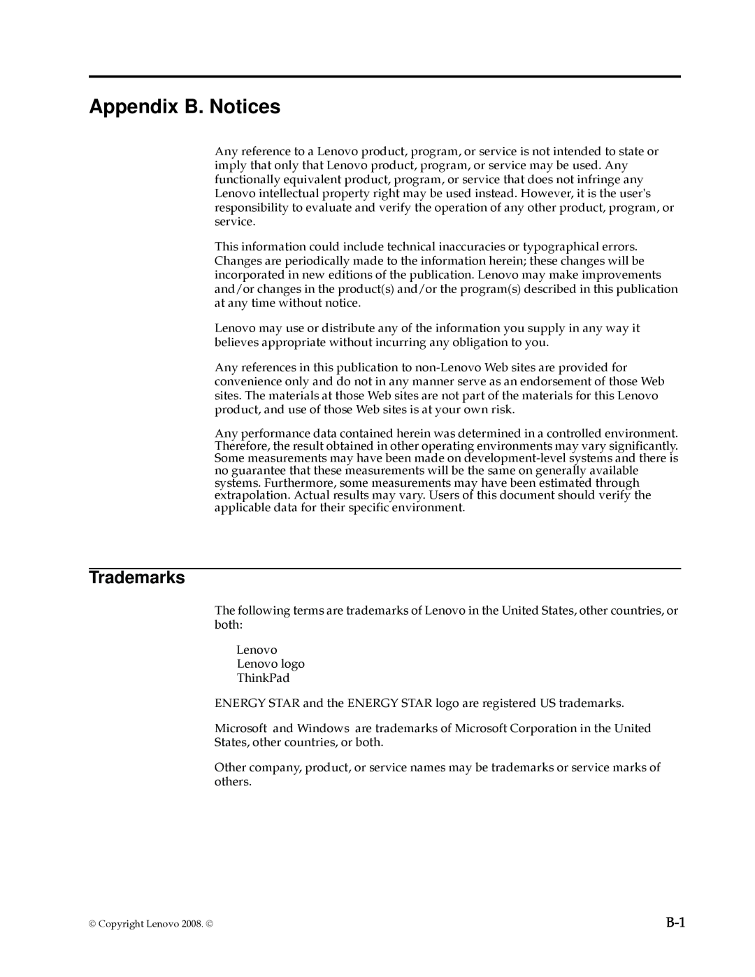 Lenovo L195 WIDE manual Appendix B. Notices, Trademarks 
