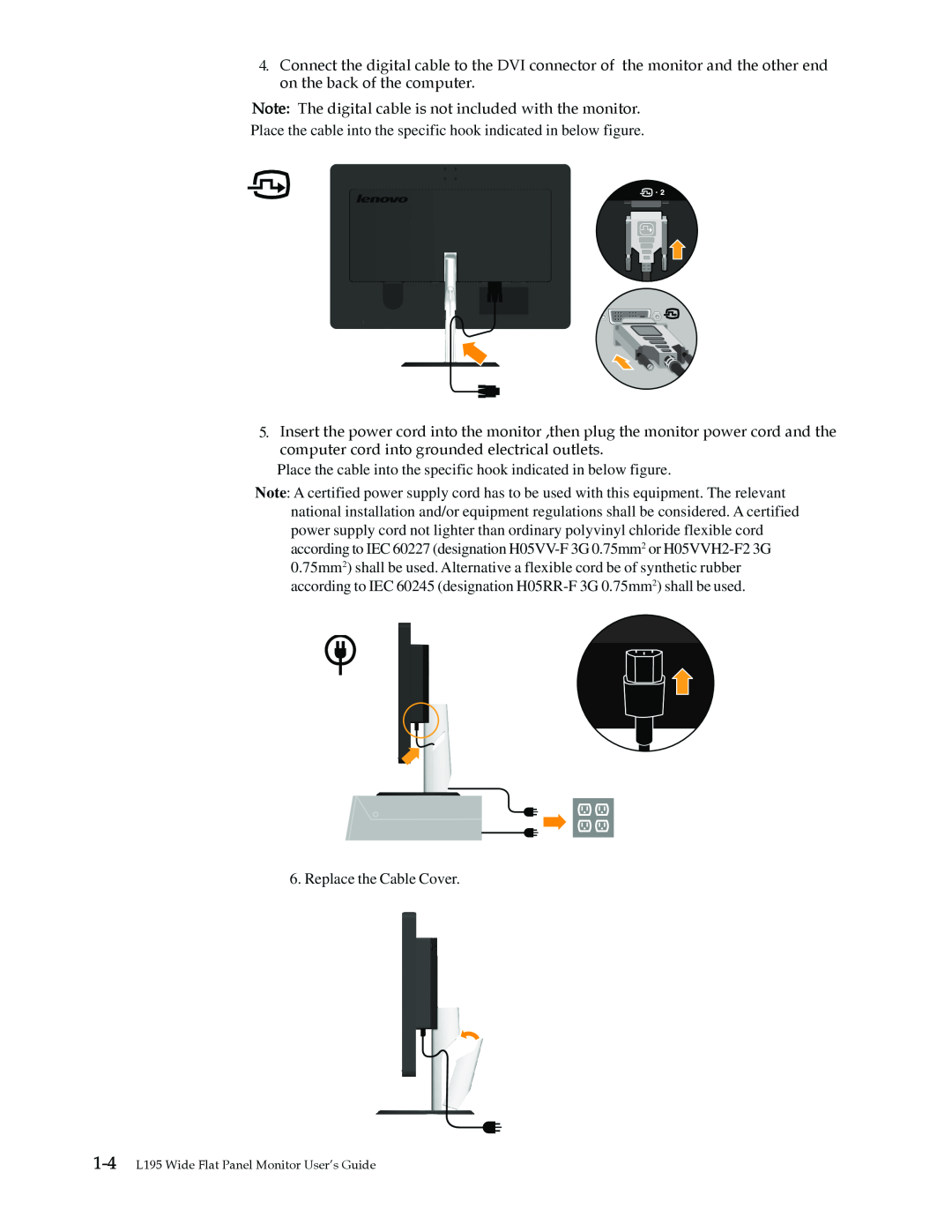 Lenovo L195 WIDE manual 1-4 L195 Wide Flat Panel Monitor User’s Guide 