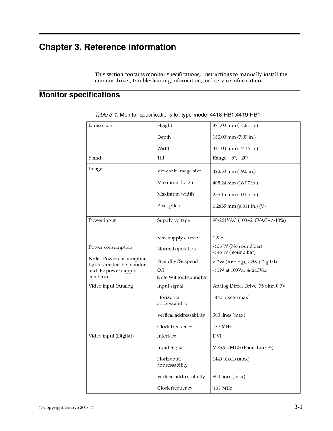 Lenovo L195 WIDE manual Reference information, Monitor specifications for type-model 4418-HB1,4419-HB1 