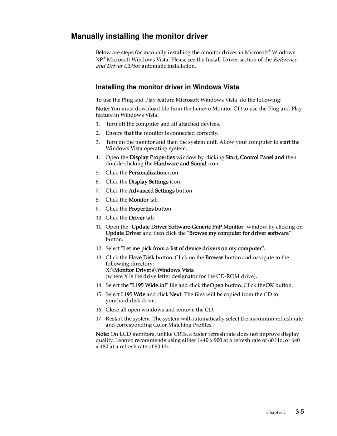 Lenovo L195 WIDE manual Manually installing the monitor driver, Installing the monitor driver in Windows Vista 