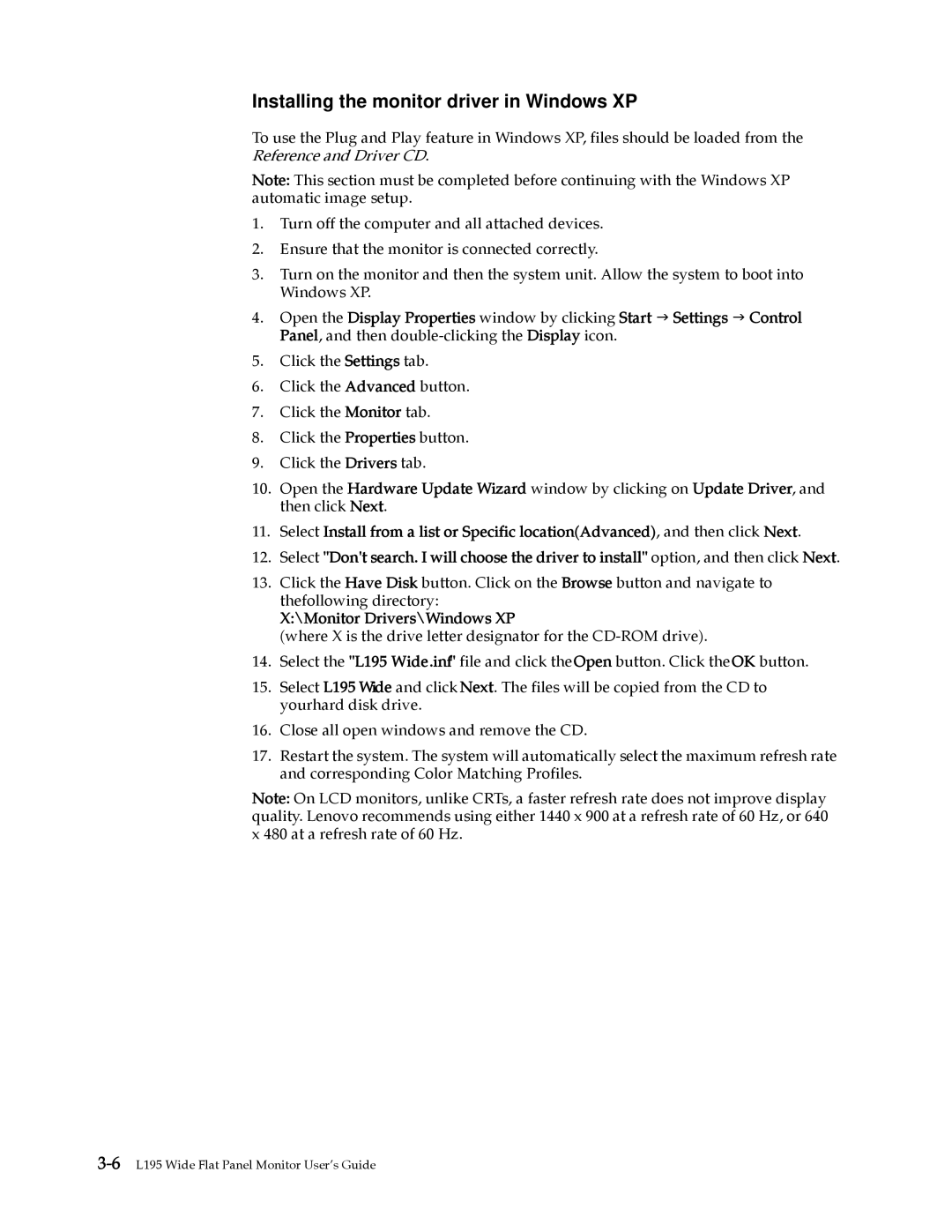 Lenovo L195 WIDE manual Installing the monitor driver in Windows XP 