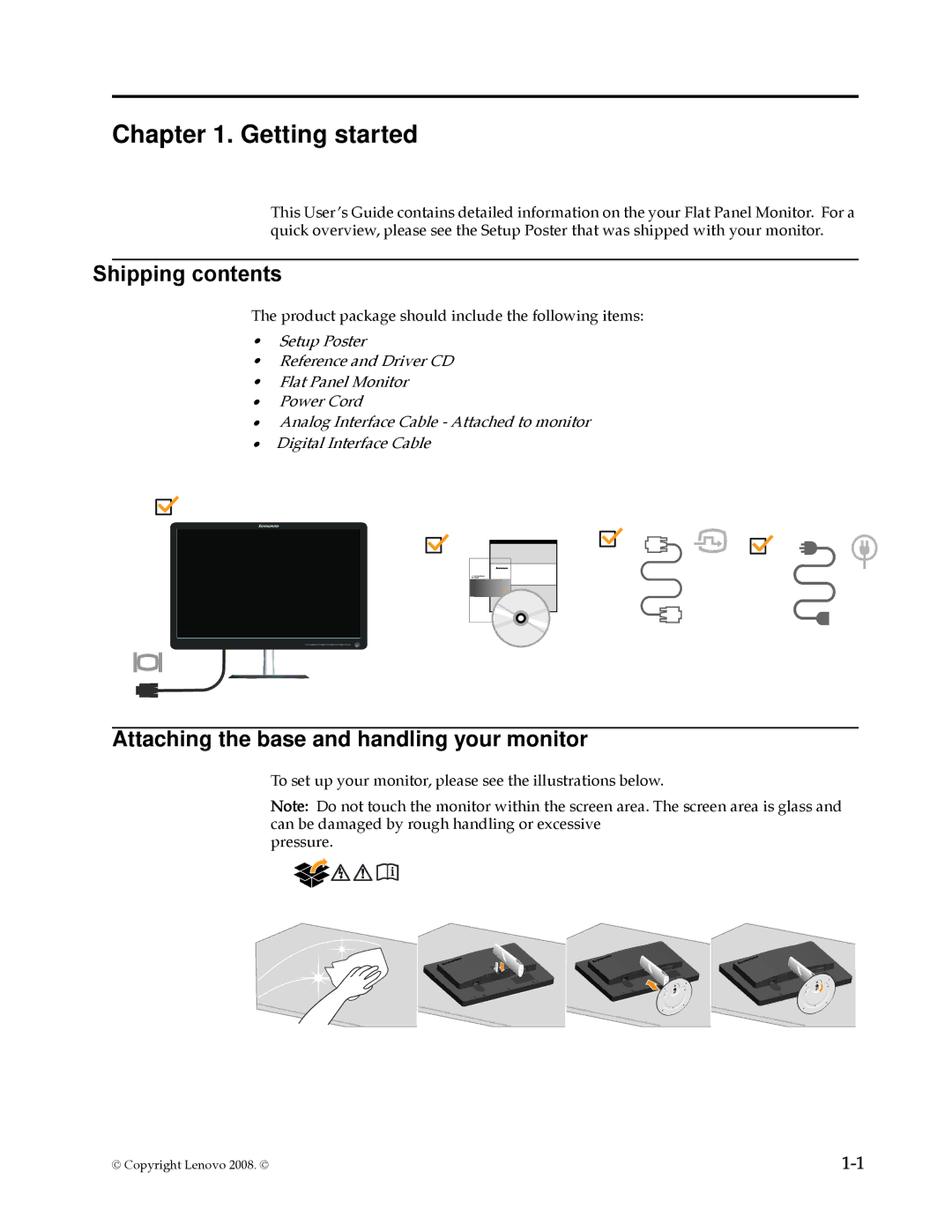 Lenovo L195 WIDE manual Getting started, Attaching the base and handling your monitor 