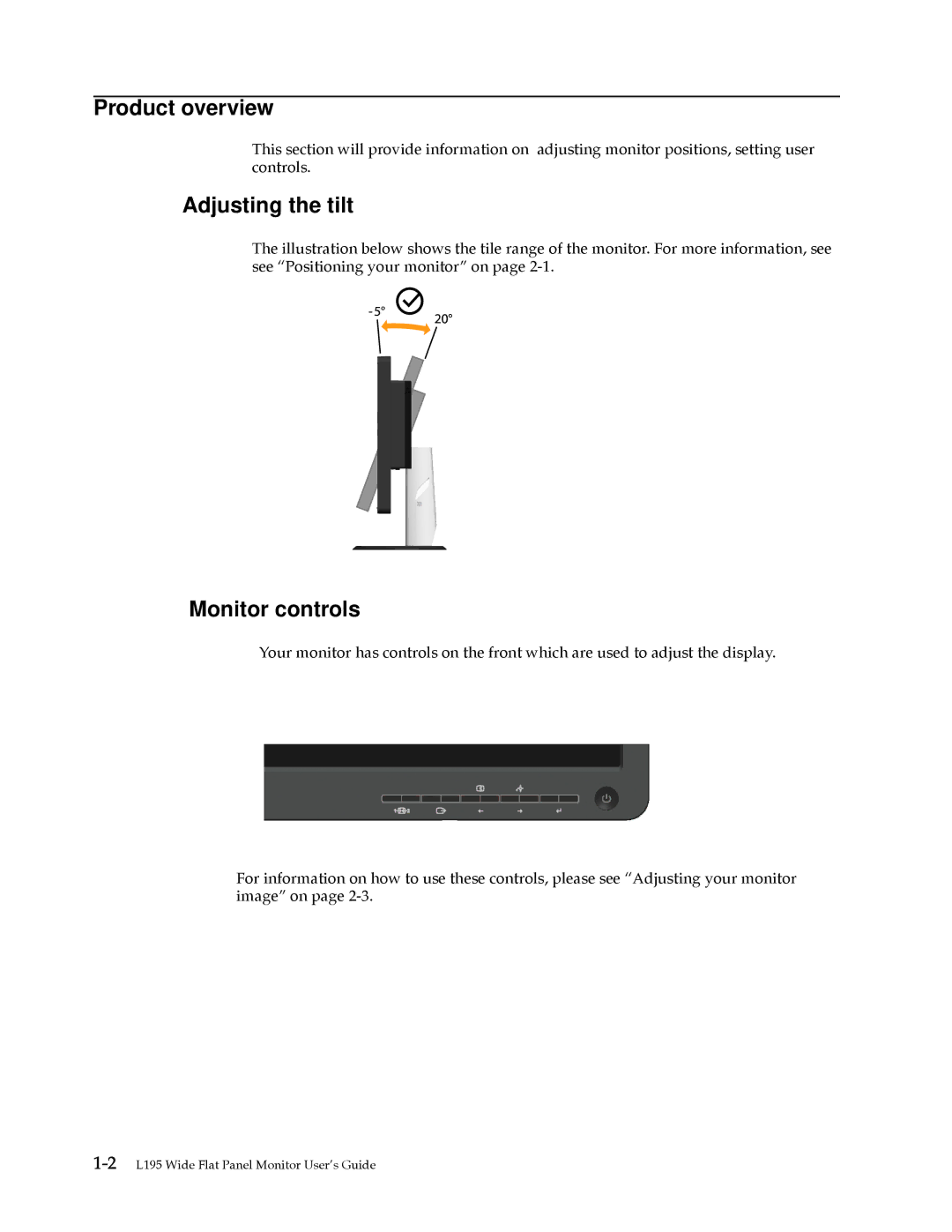 Lenovo L195 WIDE manual Product overview, Adjusting the tilt, Monitor controls 