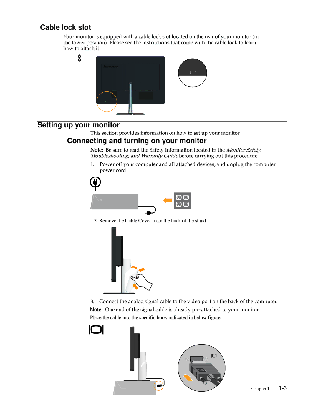 Lenovo L195 WIDE manual Cable lock slot, Setting up your monitor, Connecting and turning on your monitor 