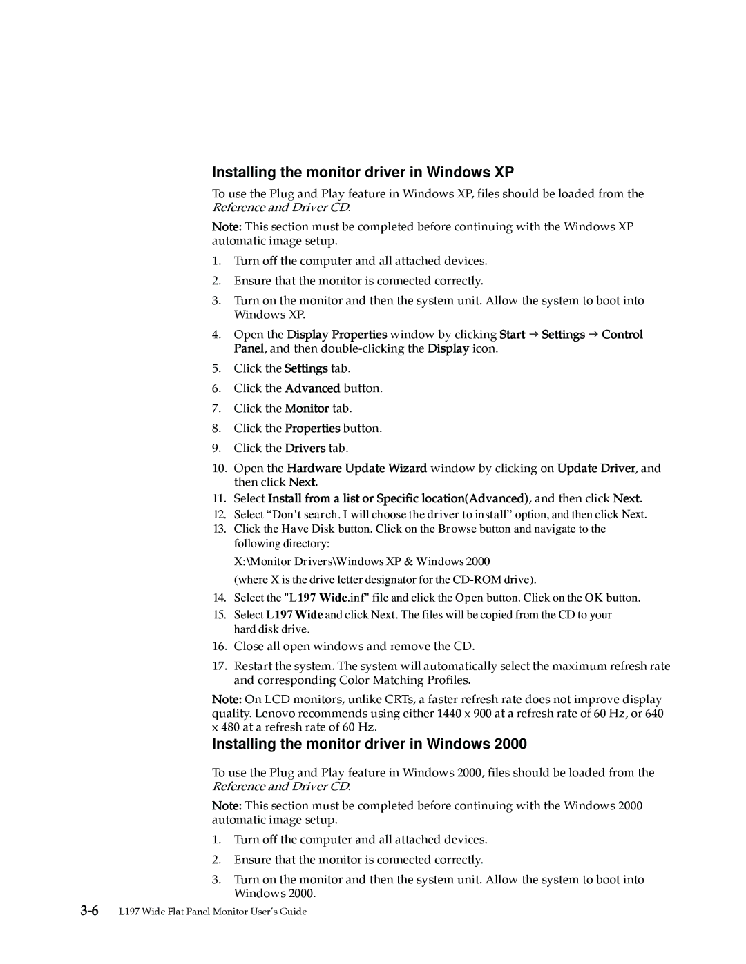 Lenovo 4434HE1, L197 manual Installing the monitor driver in Windows XP 