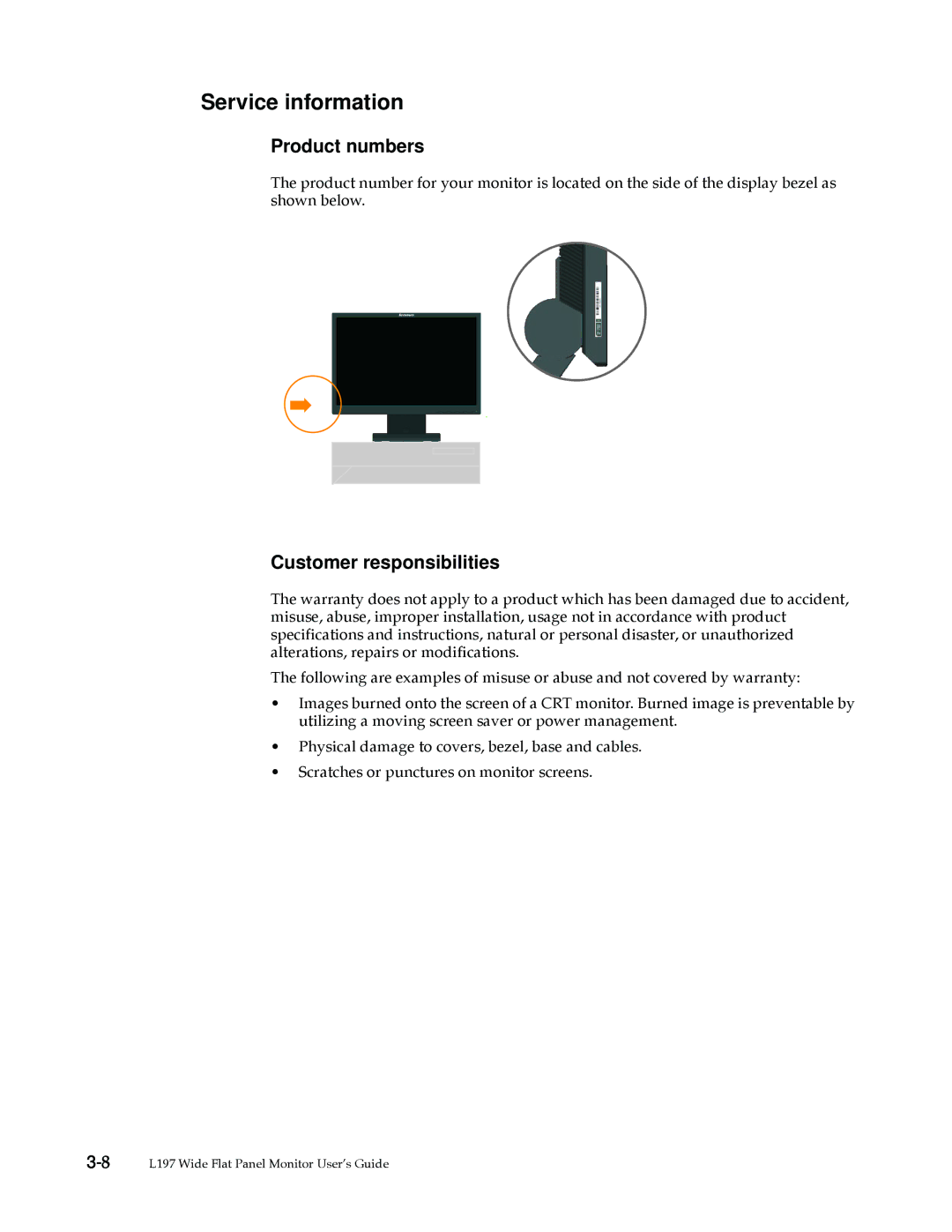 Lenovo 4434HE1, L197 manual Service information, Product numbers, Customer responsibilities 