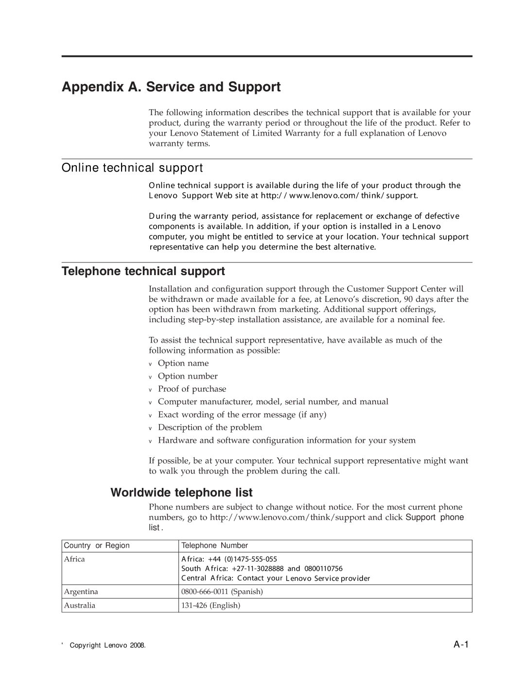 Lenovo 4434HE1, L197 manual Appendix A. Service and Support, Country or Region Telephone Number 