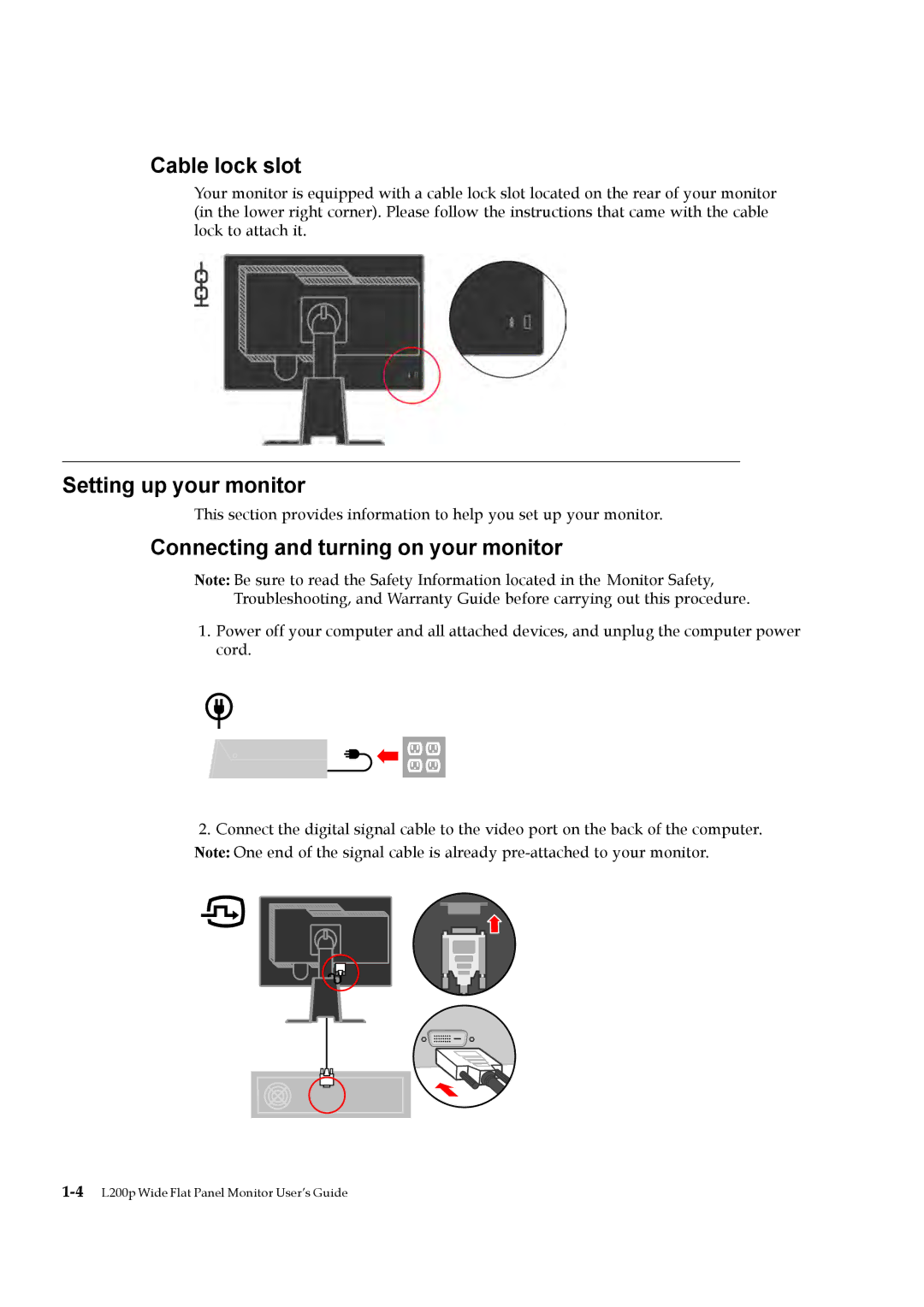 Lenovo L200P manual Cable lock slot, Setting up your monitor, Connecting and turning on your monitor 