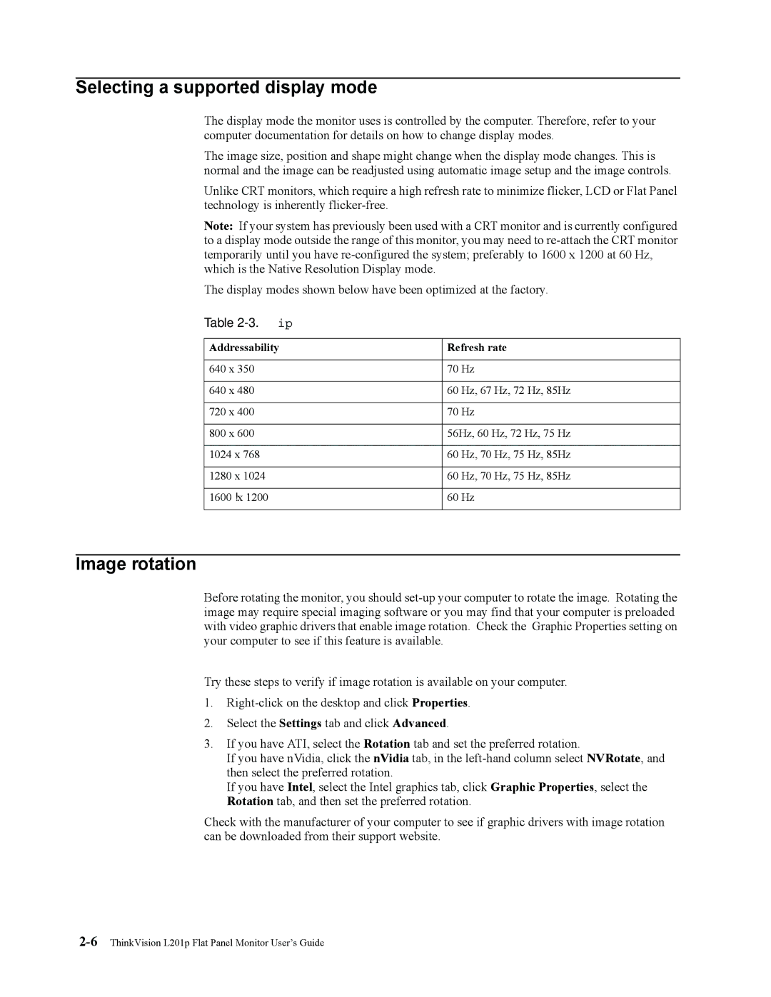 Lenovo L201p Selecting a supported display mode, Image rotation, Factory set display modes, Addressability Refresh rate 