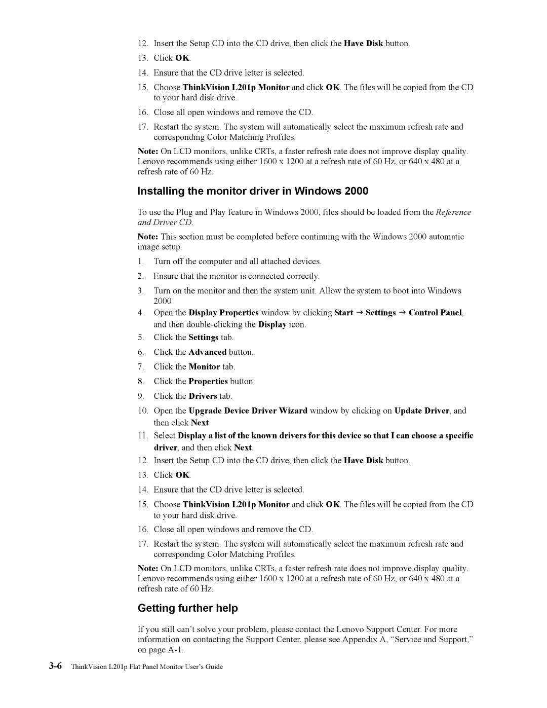 Lenovo L201p manual Installing the monitor driver in Windows, Getting further help 
