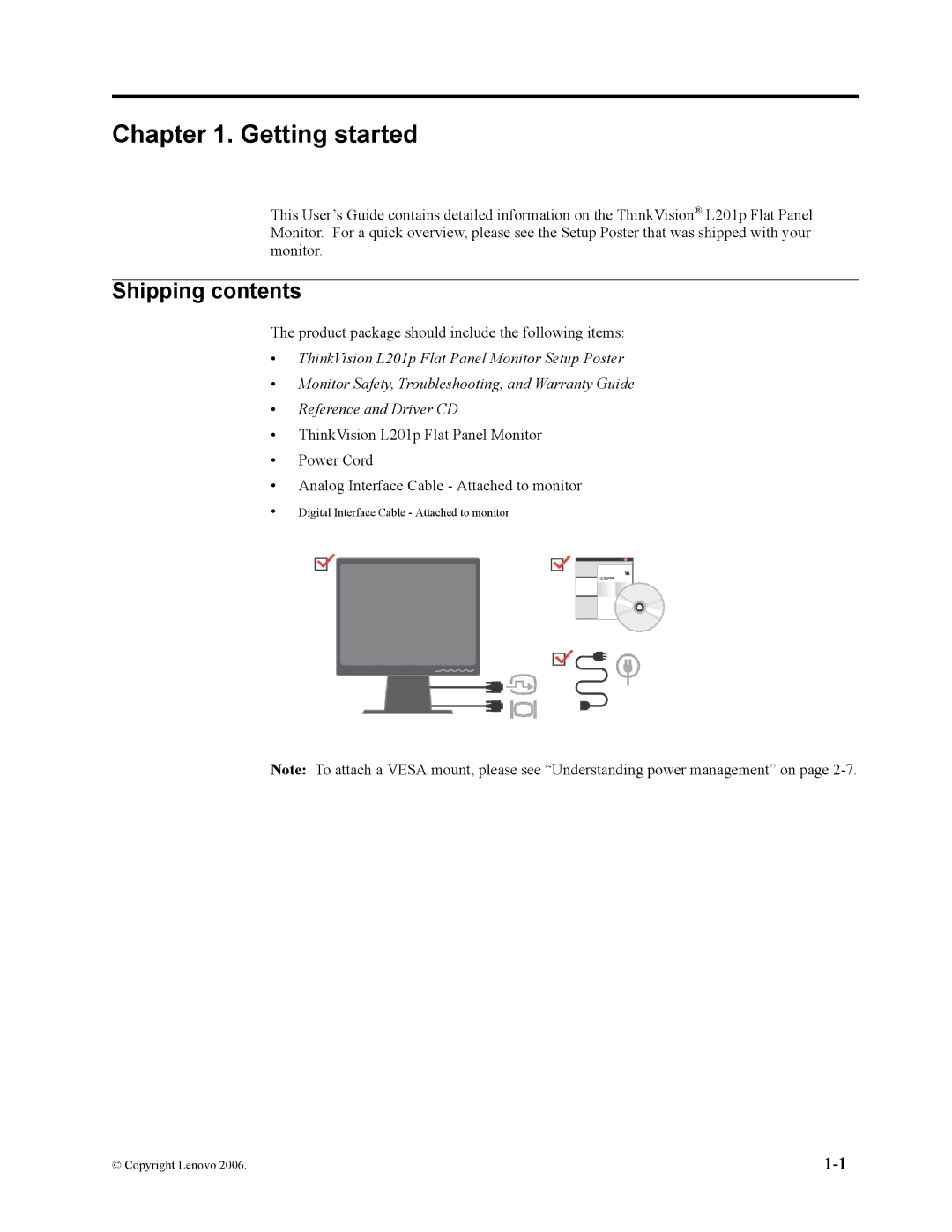 Lenovo L201p manual Getting started, Shipping contents 