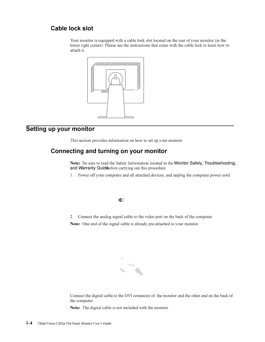 Lenovo L201p manual Cable lock slot, Setting up your monitor, Connecting and turning on your monitor 