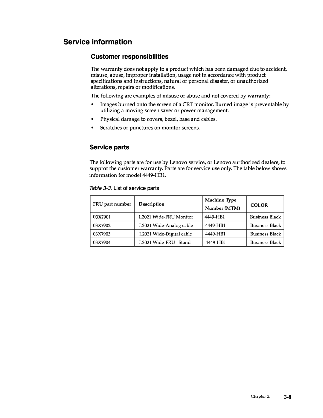 Lenovo L2021 manual Service information, Customer responsibilities, Service parts 