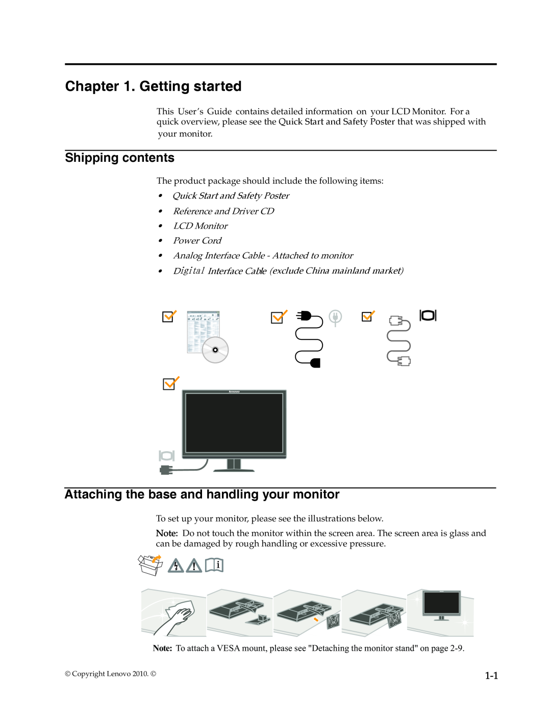 Lenovo L2021 manual Getting started, Shipping contents, Attaching the base and handling your monitor 