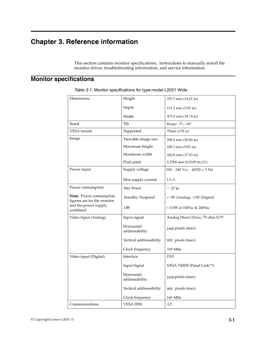 Lenovo L2021 manual Reference information, Monitor specifications 