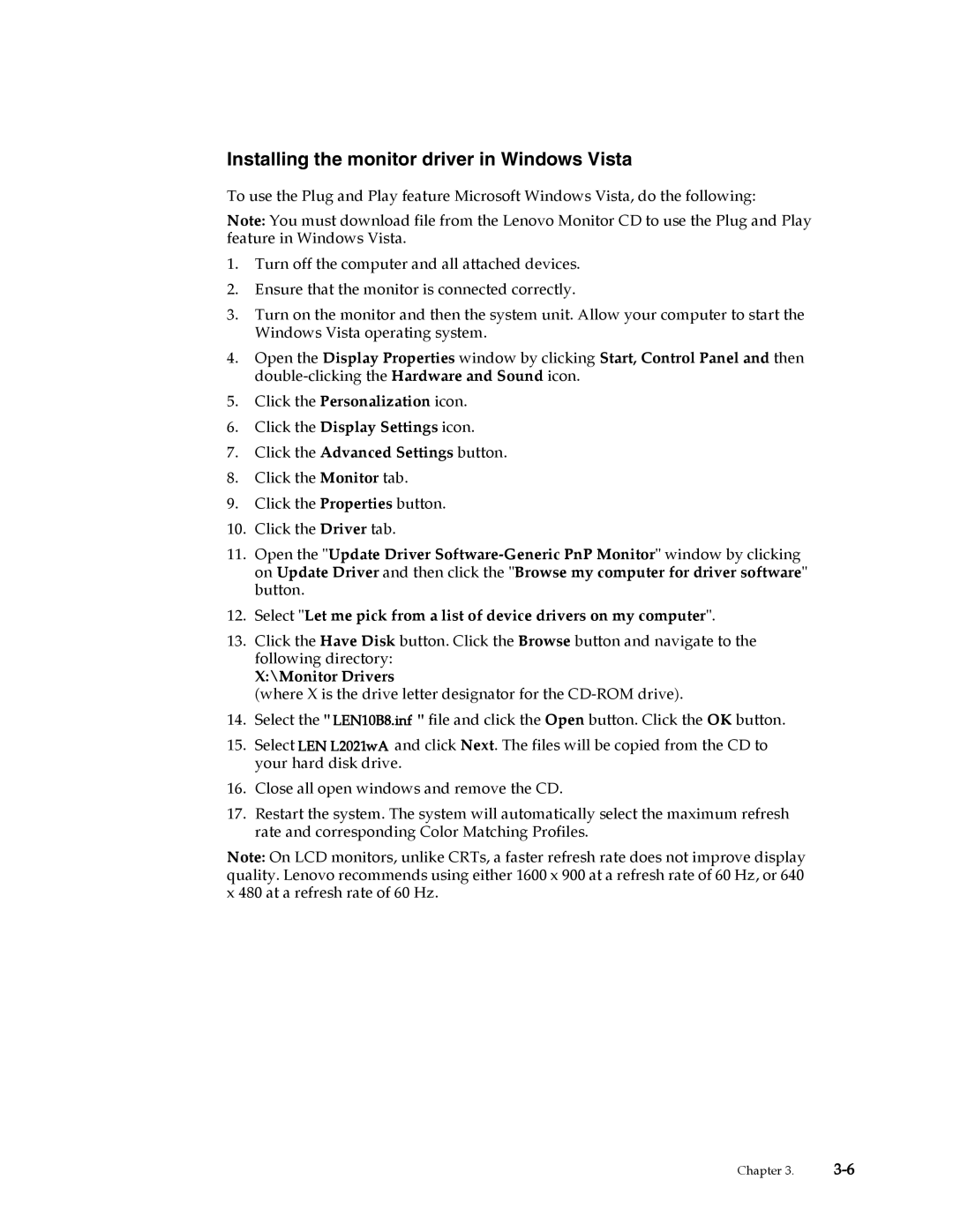 Lenovo L2021 manual Installing the monitor driver in Windows Vista 