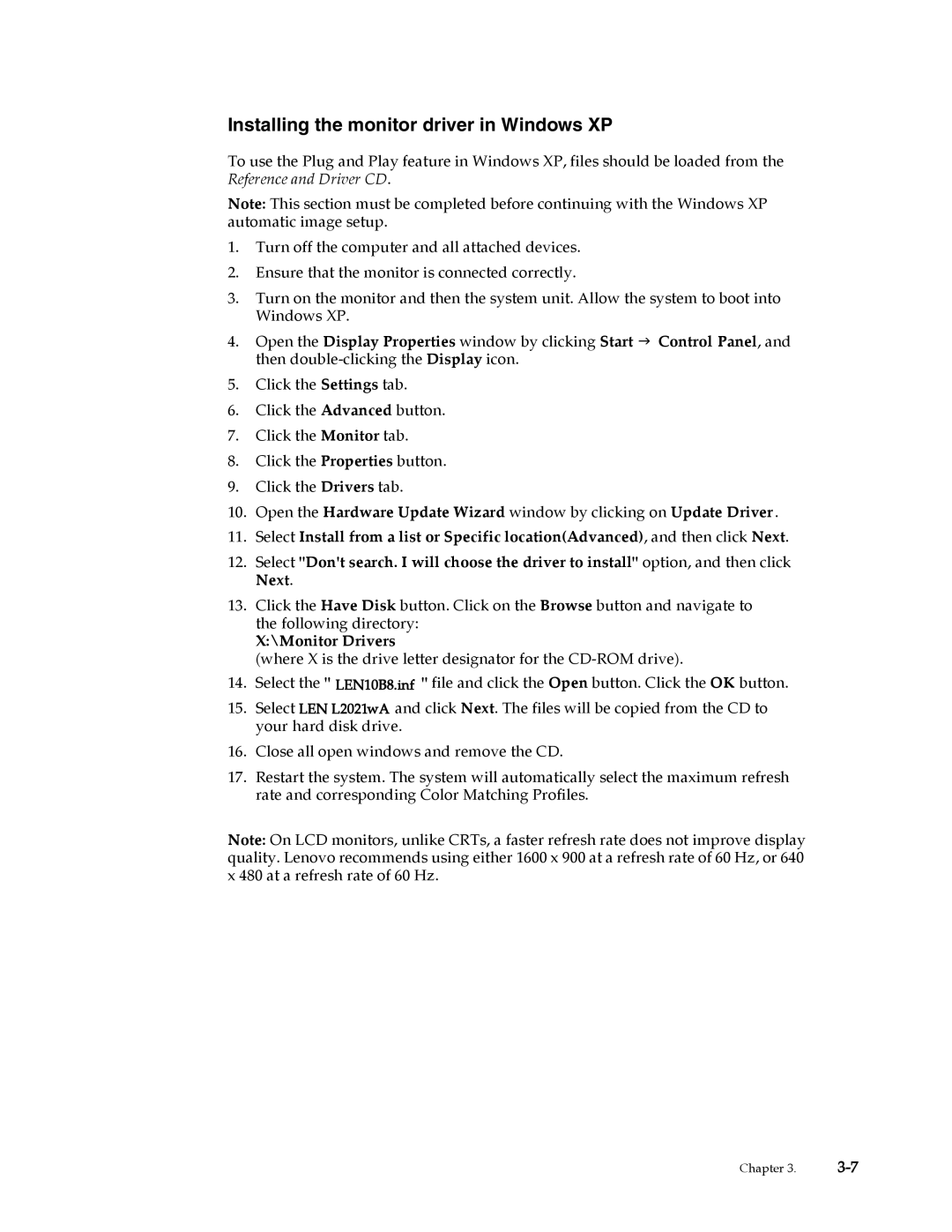Lenovo L2021 manual Installing the monitor driver in Windows XP 