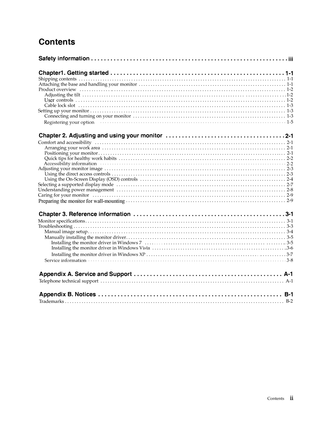 Lenovo L2021 manual Contents 