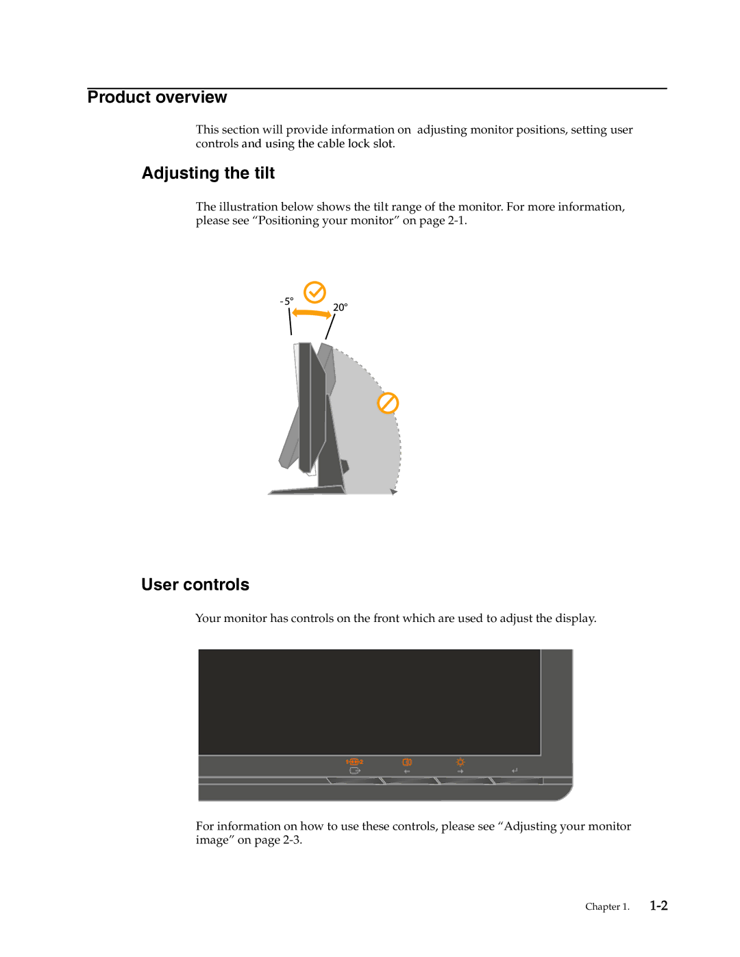 Lenovo L2021 manual Product overview, Adjusting the tilt, User controls 