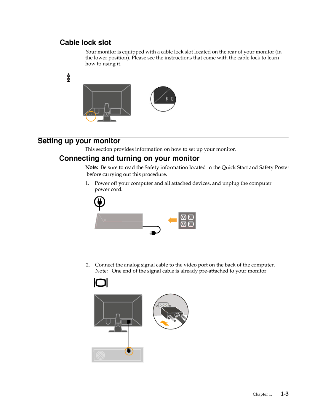 Lenovo L2021 manual Cable lock slot, Setting up your monitor, Connecting and turning on your monitor 