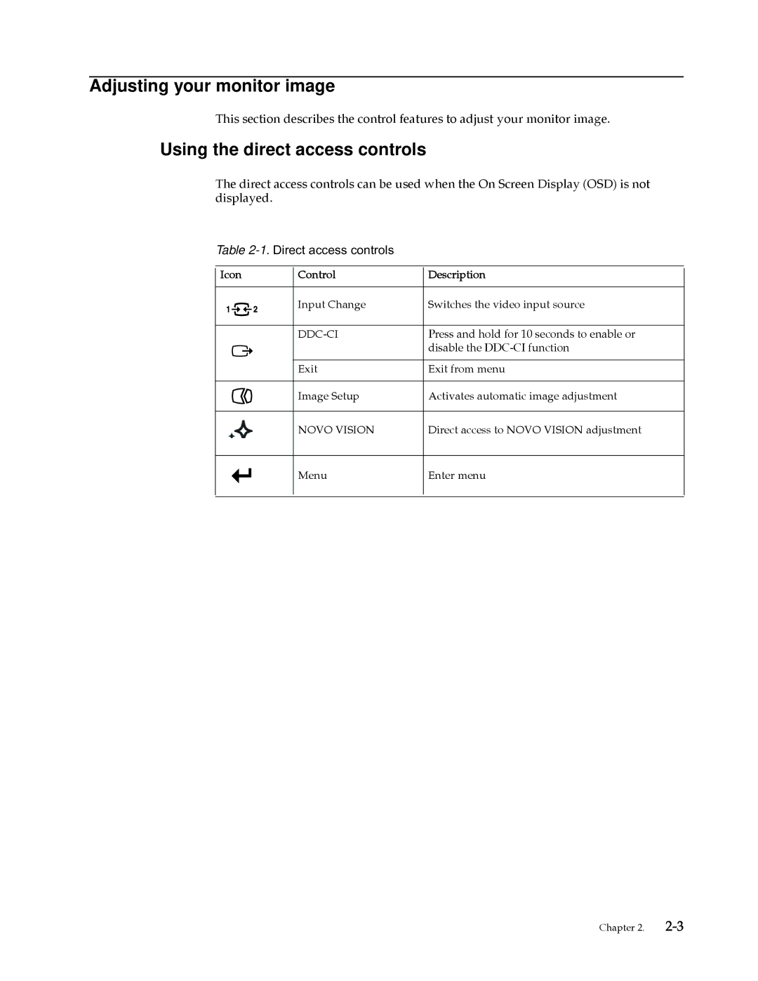 Lenovo L2060 manual Adjusting your monitor image, Using the direct access controls, Direct access controls 