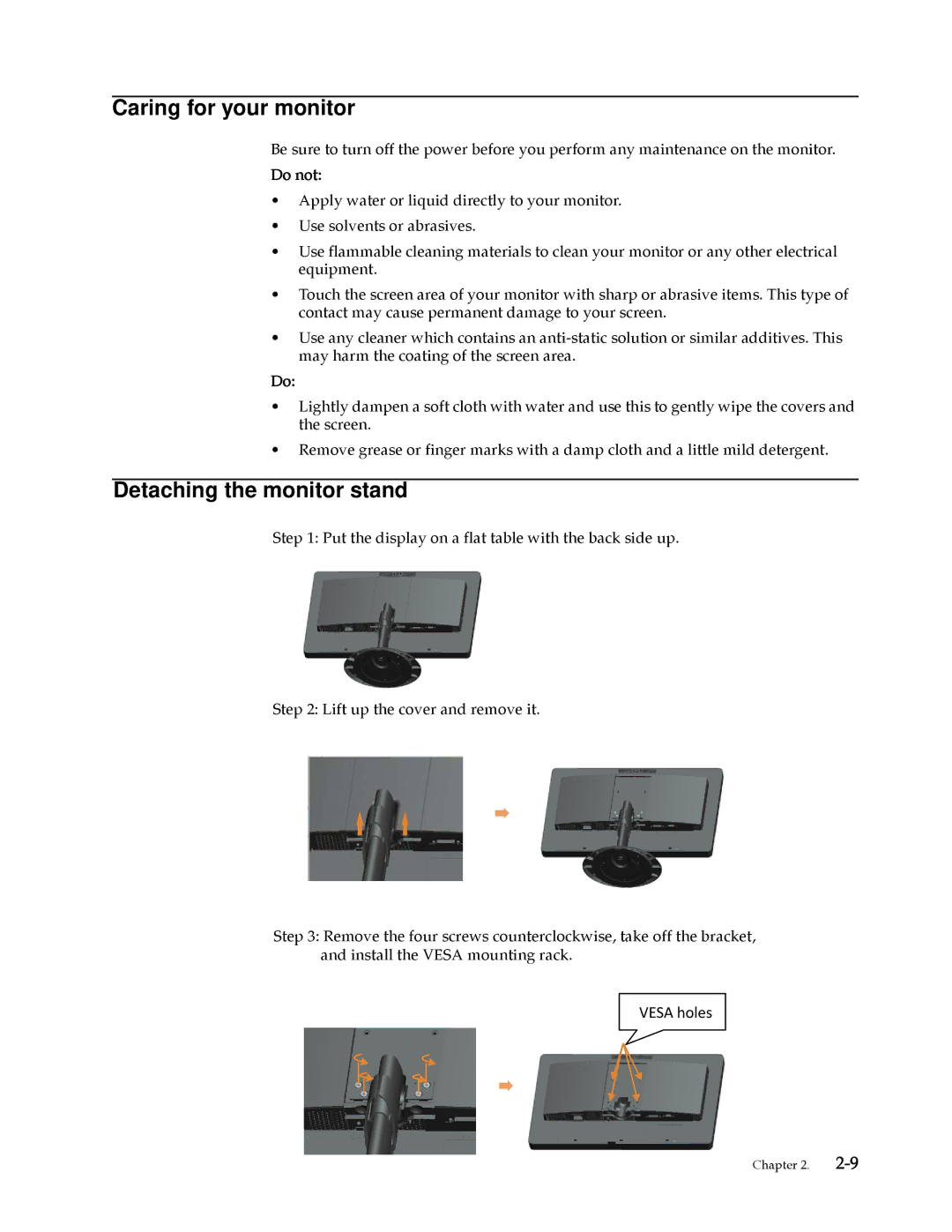 Lenovo L2060 manual Caring for your monitor, Detaching the monitor stand 