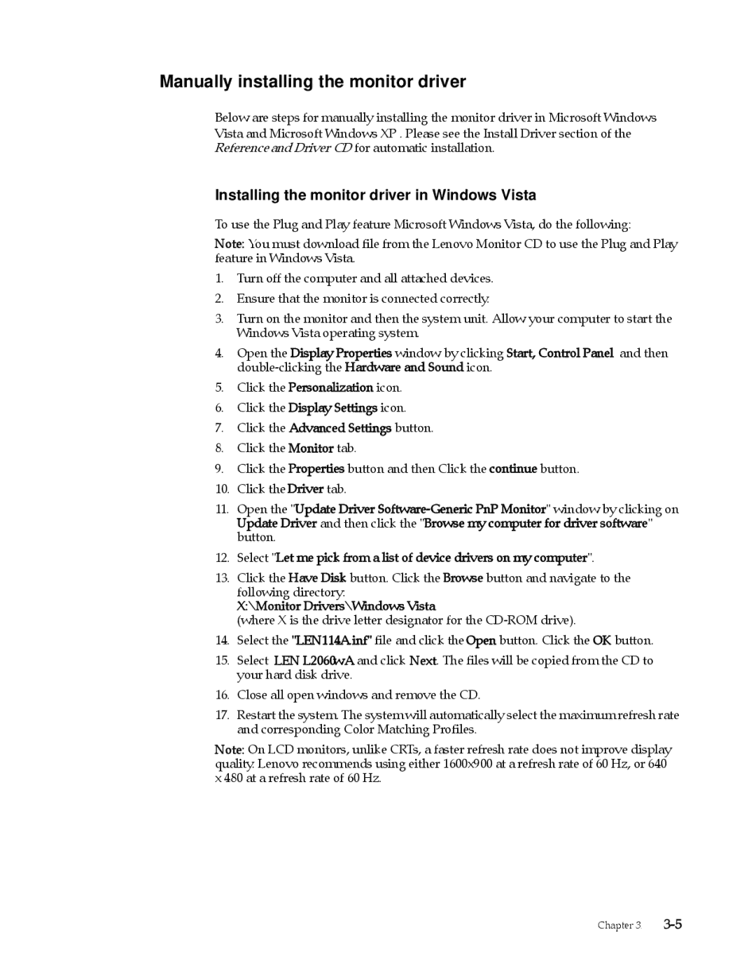 Lenovo L2060 manual Manually installing the monitor driver, Installing the monitor driver in Windows Vista 
